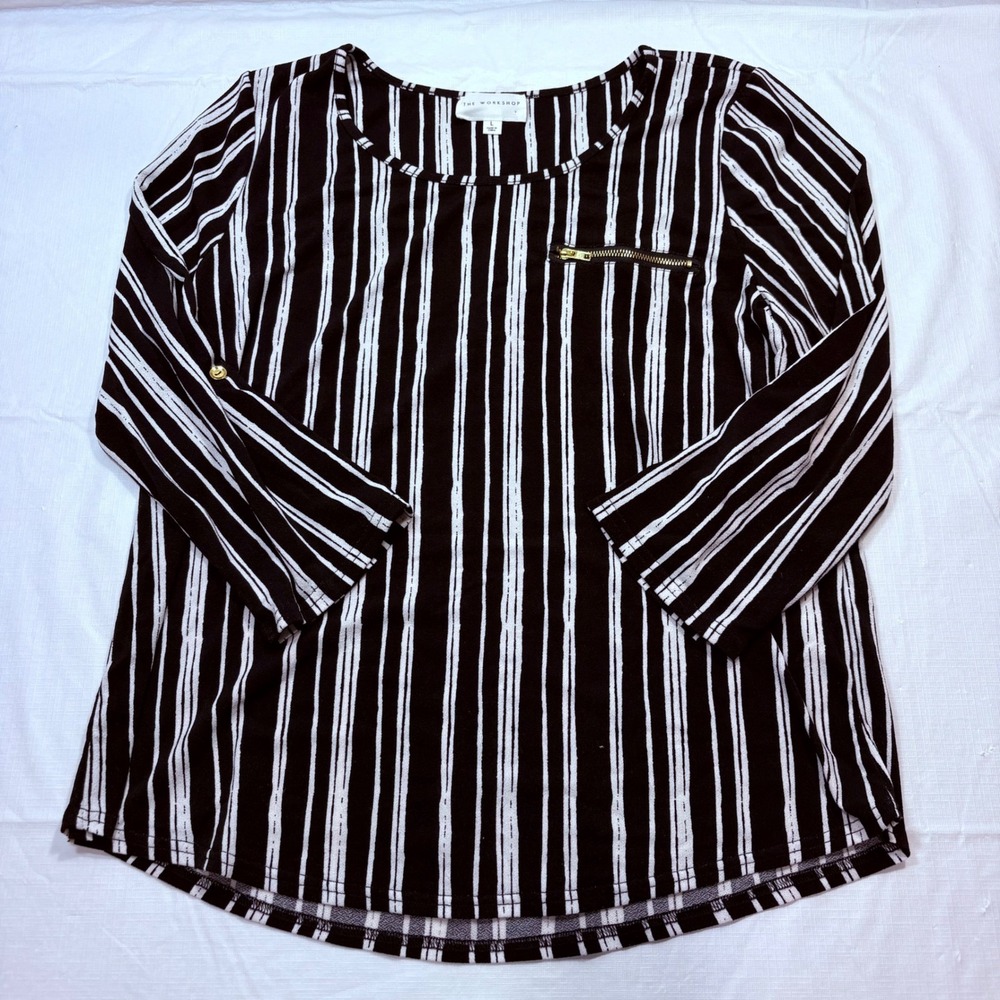 The Workshop Womens Black White Striped 3/4 Roll Tab Sleeve Zipper Top Large